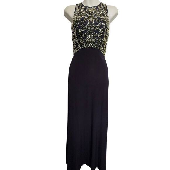 Cachet Womens Formal Beaded Illusion Neck USA Made Y2K Navy Dress Long sz 4 - Picture 1 of 15